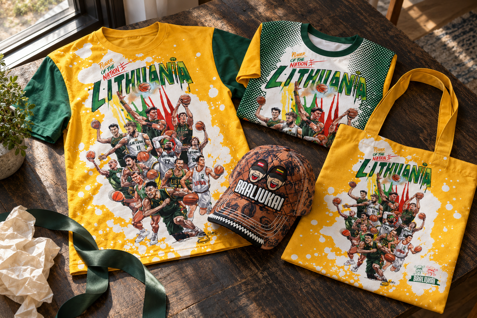 Geltoni ir žali „Legendos“ marškinėliai, „Tattoo“ kepurė ir geltonas krepšys ant medinio stalo
